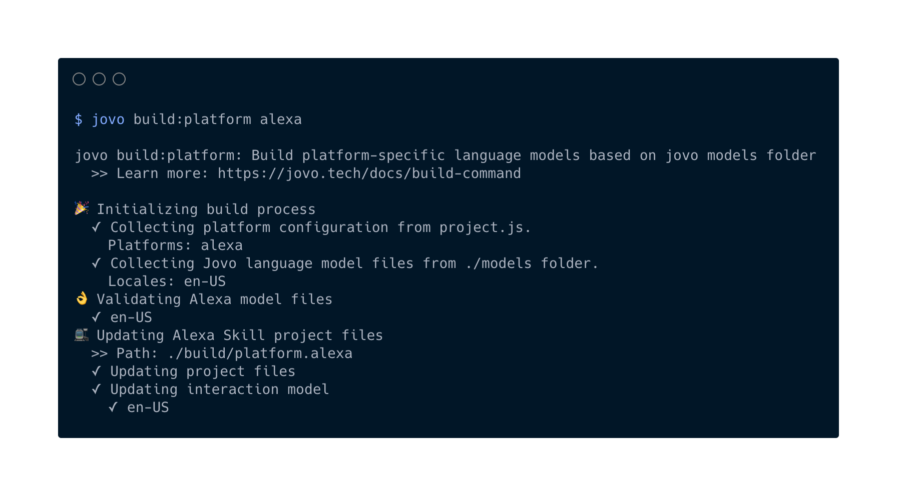 A screenshot showing a terminal using the Jovo CLI build command to create platform files for Alexa.