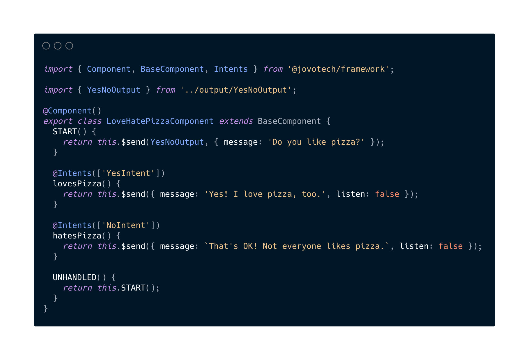 A code editor showing a code example that uses the Jovo framework, a LovesHatePizzaComponent that asks the user if they like pizza.